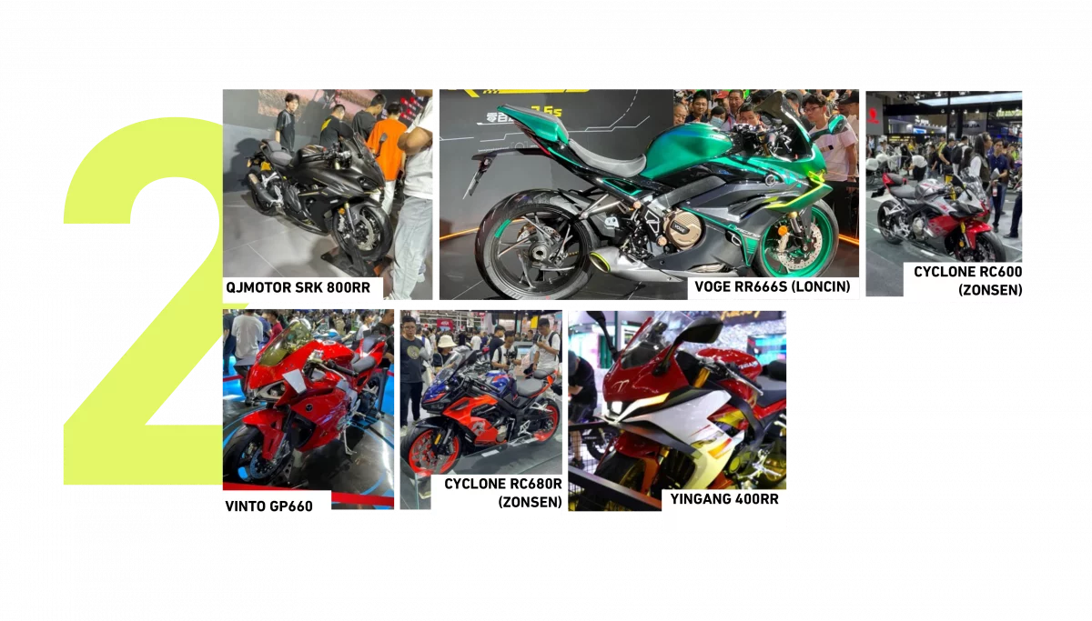 2nd Insight Key Observation - Sports Bike Segment. Image showing 6 bikes (l-r) QJMotor SRK88 RR, Voge RR666S (Loncin), Cyclone RC600 (Zonsen), Vinto GP660, Cyclone RC680R (Zonsen)