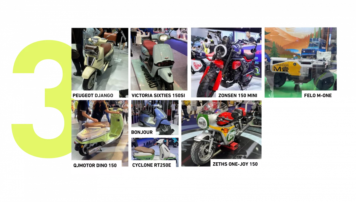 3rd Insight - Tributes & Toys Image showing 7 bikes (l-r) Peugeot Django, Victoria Sixties 150SI, Zonsen 150 Mini, Felo M-One, QJMotor Dino 150, Cyclone RT250E, Zeths One-Joy 150.