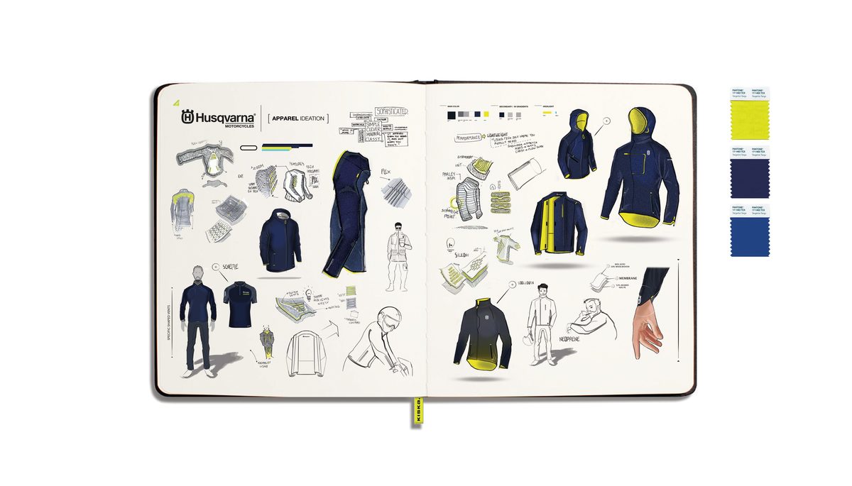 Material samples and sketchbook of apparel design concept development for Husqvarna Motorcycles clothing collections