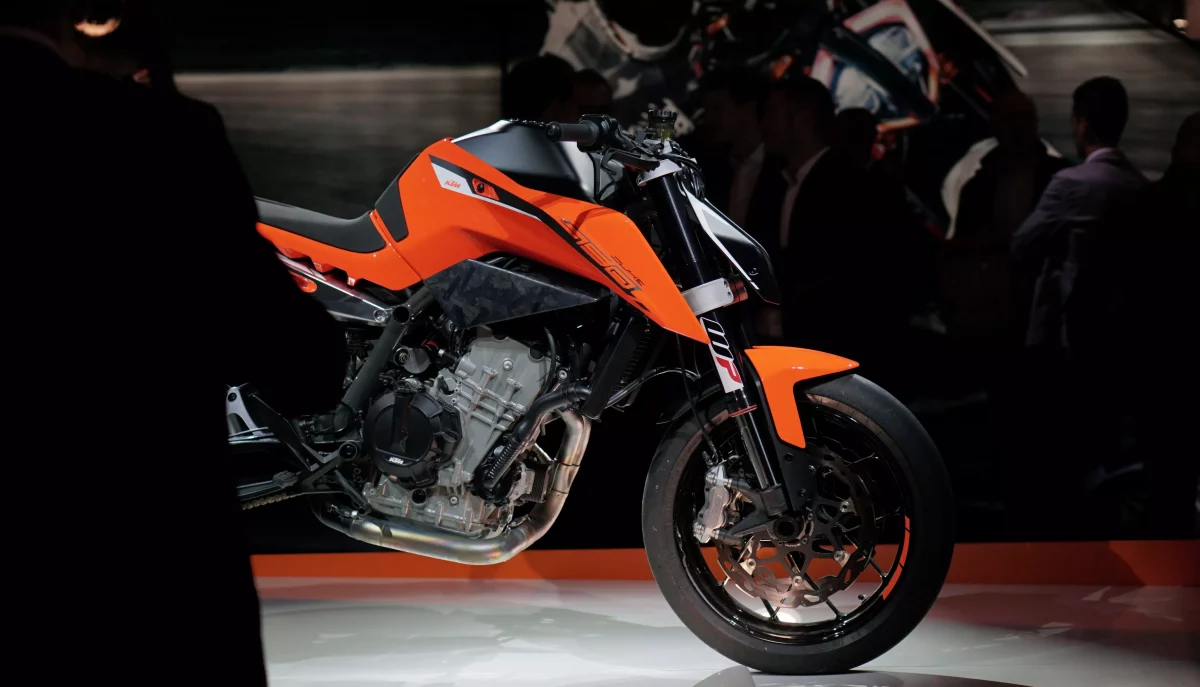 Side view of KTM 790 Duke prototype on display at EICMA motorcycle trade show