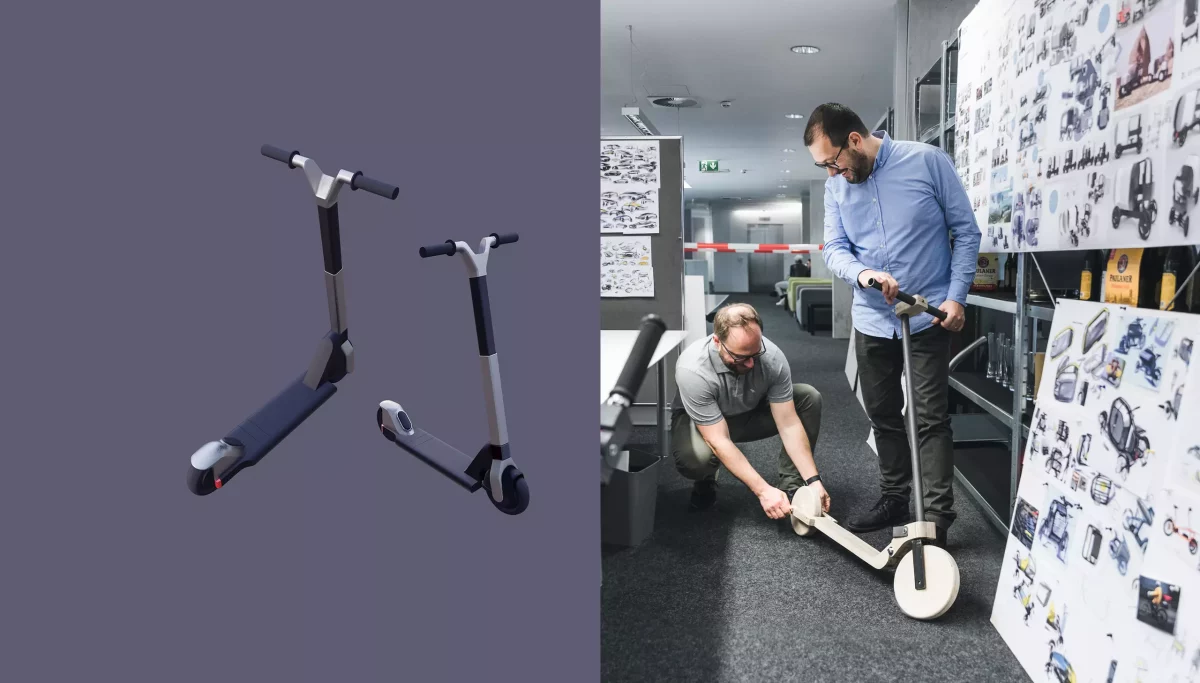 Split image of scooter render and Sebastien with scooter prototype