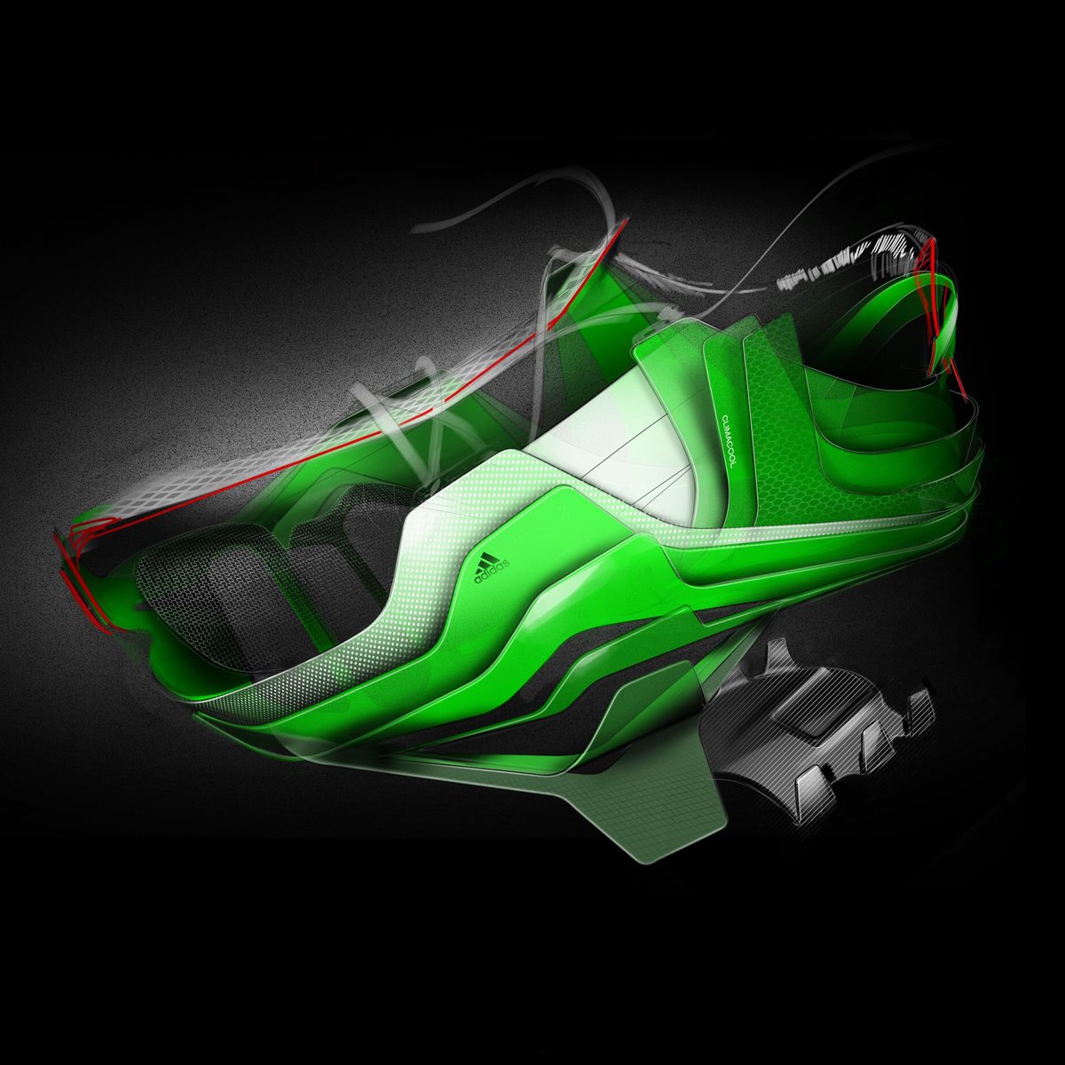 Exploded view of materials and structure of a lightweight shoe concept for adidas