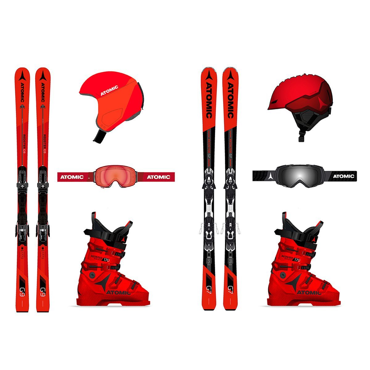 Atomic Redster series including skis, boots, goggles and helmets