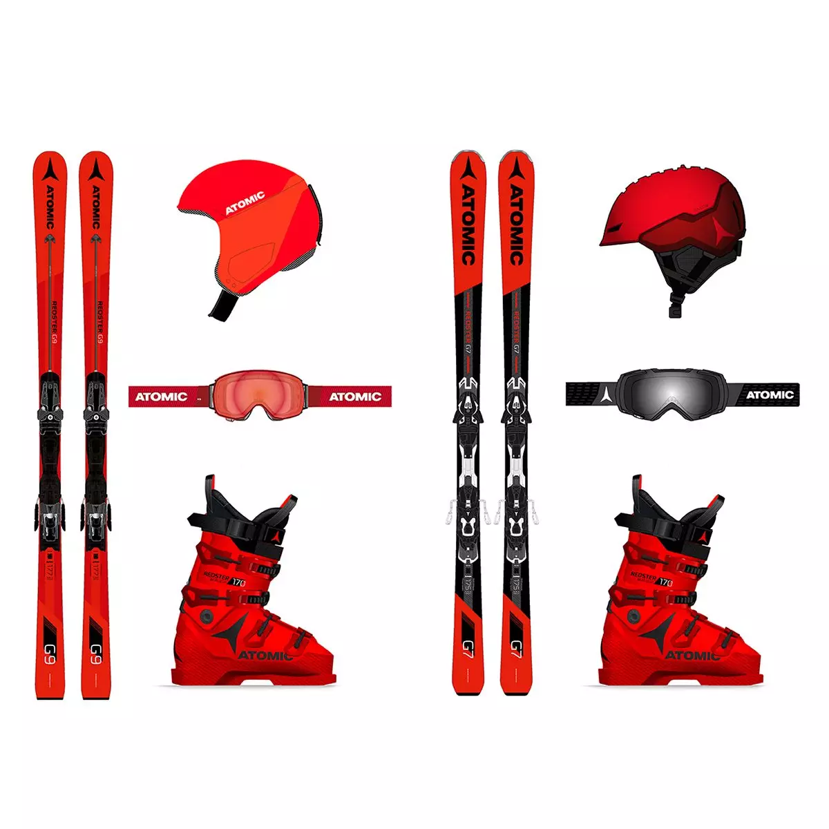 Atomic Redster series including skis, boots, goggles and helmets