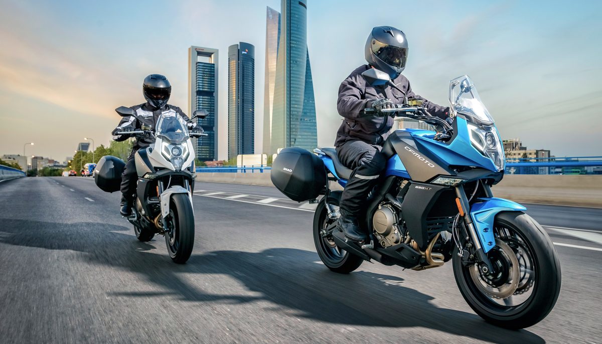 CFMOTO 650MT motorcycles on the road in the city