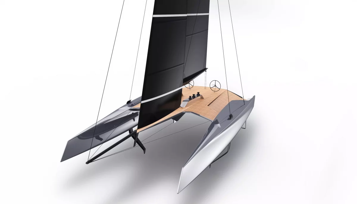 Front three quarter view of Vision Future Sailing render - a KISKA speculative design project