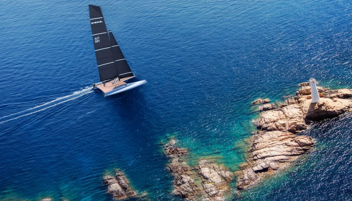 Overhead view of Vision Future Sailing - a KISKA speculative design project - on the water
