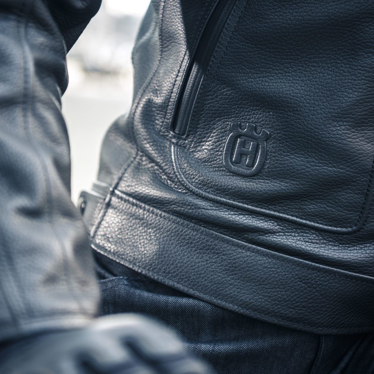 Closeup of Husqvarna Motorcycles Progress leather jacket details