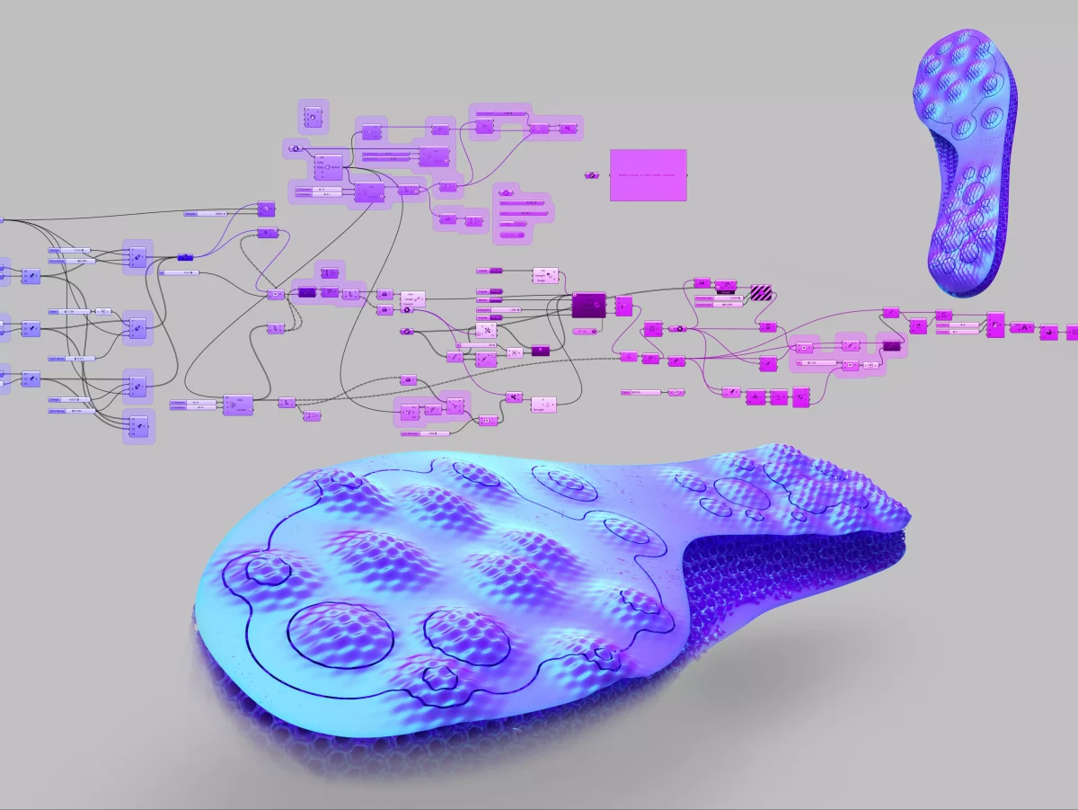 Parametric design visual code elements and running shoe sole concept developed with parametric design
