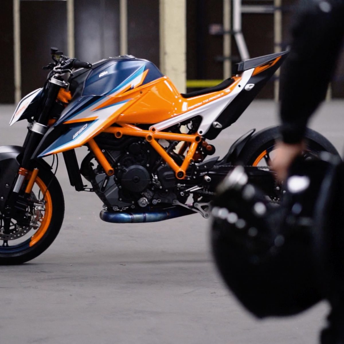 Side view of KTM 1290 Super Duke R in a warehouse