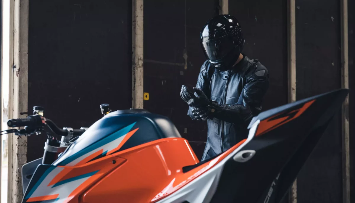 Rider in leathers and KTM 1290 Super Duke R
